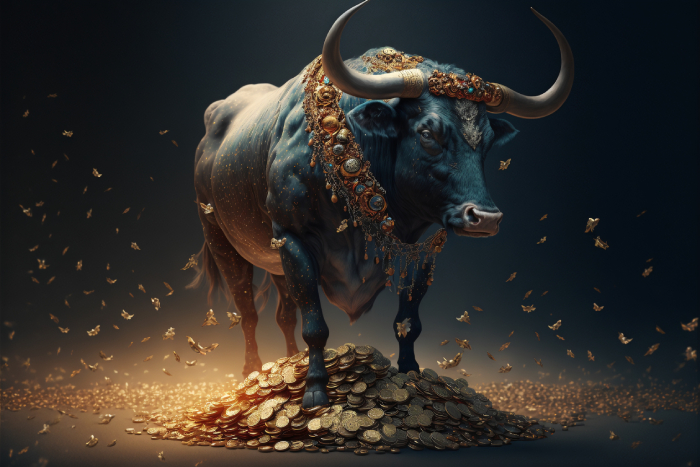 A wealthy bull surrounded by gold and gold coins